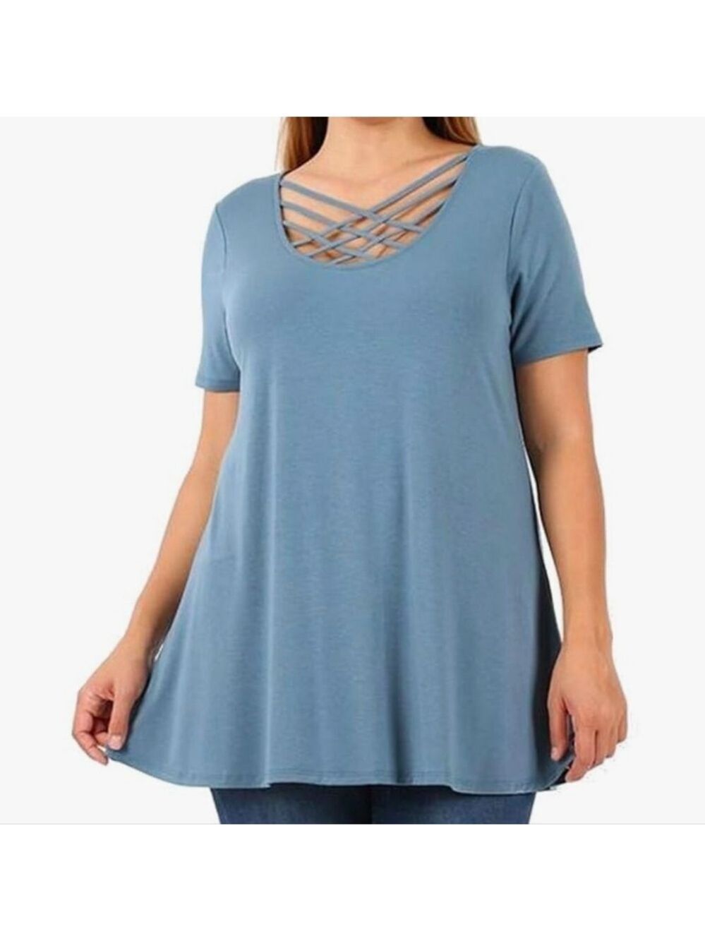 ZENANA Short Sleeve Cement Blue Tunic Top Size 1XL NWT